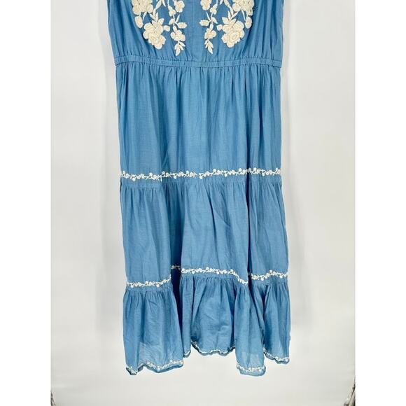 Lucky Brand Dress Sz M Blue Midi Floral Embroidered Tiered Ruffle Peasant Boho - Picture 3 of 8